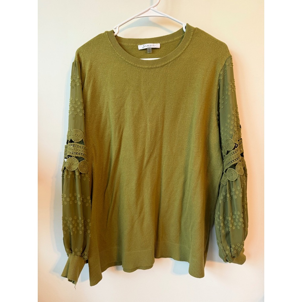 Siani Milano Olive Green Knit Sweater Sheer Crochet Lace Balloon Sleeve 1X
